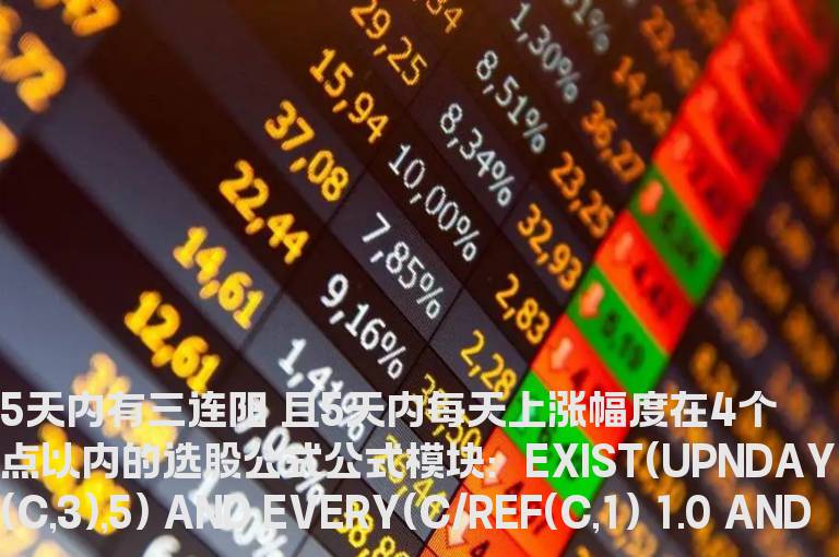 5天内有三连阳 且5天内每天上涨幅度在4个点以内的选股公式
