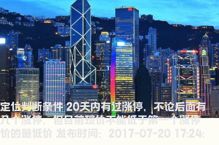 定位判断条件 20天内有过涨停，不论后面有几个涨停，但目前现价不能低于第一个涨停价的最低价