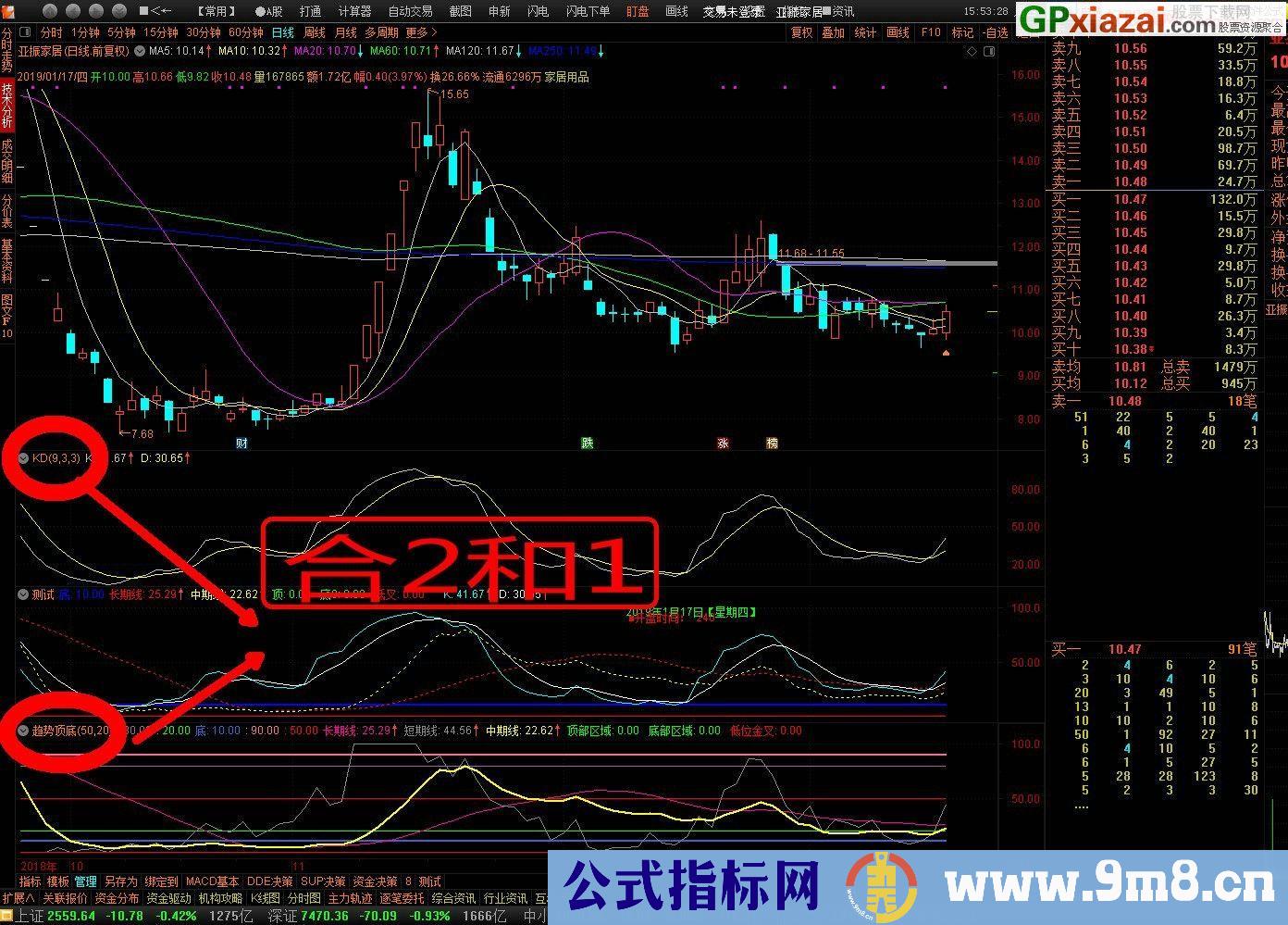 趋势顶底加KD组合 指标去除了短期线 通达信幅图指标 贴图 无未来不漂移