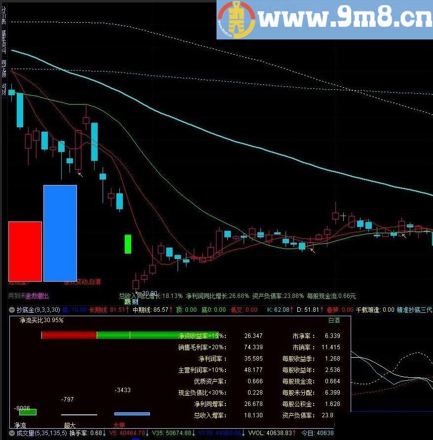 资金净流买卖百分比+基本面财务组合 通达信副图指标 源码 贴图