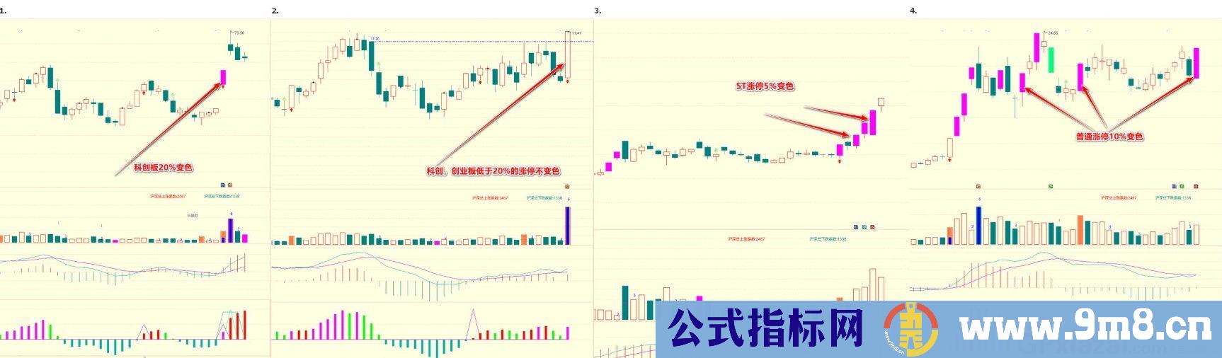 涨停新源码 涨停限制科创板20%创业板20%st板5%其他10% 自动变色 通达信主图指标 九毛八公式指标网