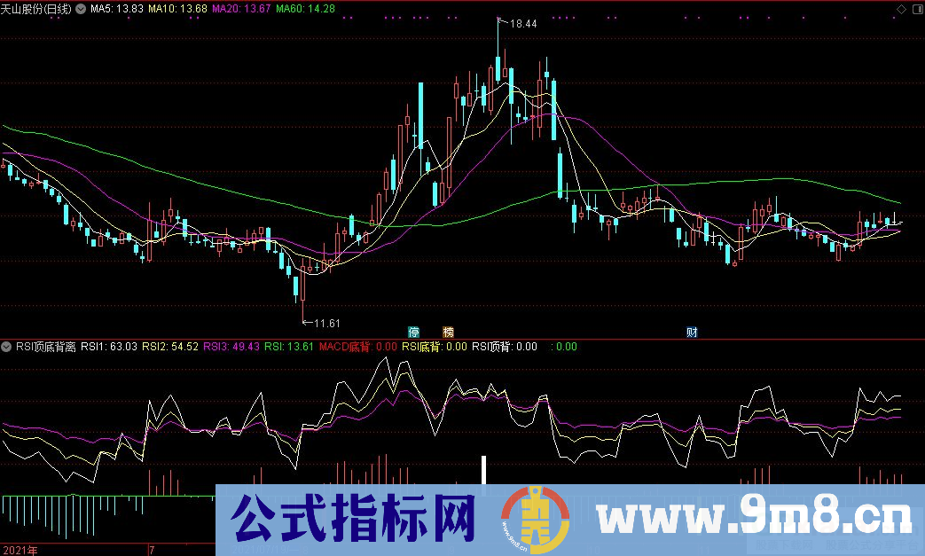 通达信RSI顶底背离副图+RSI底背选股+MACD底背选股指标 九毛八公式指标网