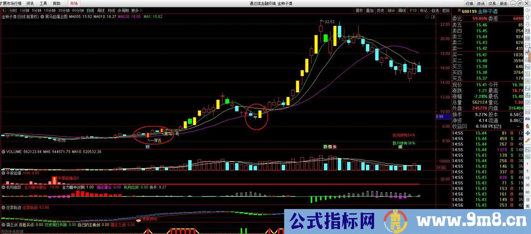 自用主图看盘指标 一穿五+黑马起爆 通达信主图指标 九毛八公式指标网 无未来