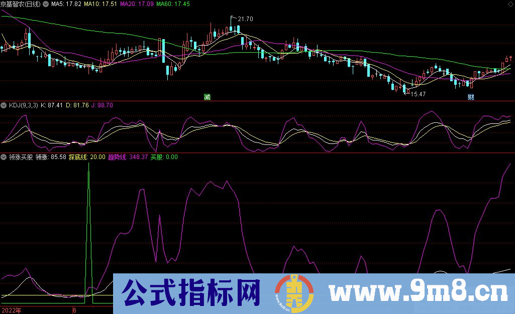 通达信领涨买股副图+选股指标 抄底底部信号指标 九毛八公式指标网