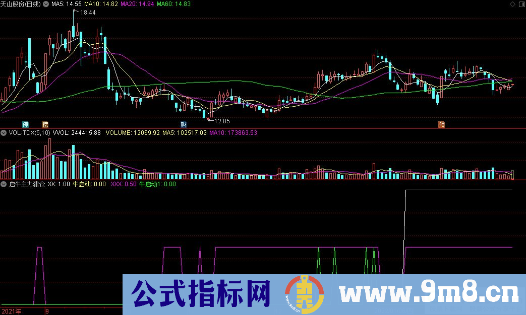 通达信启牛主力建仓副图指标 大牛主力建仓+暴动拉升 源码 贴图