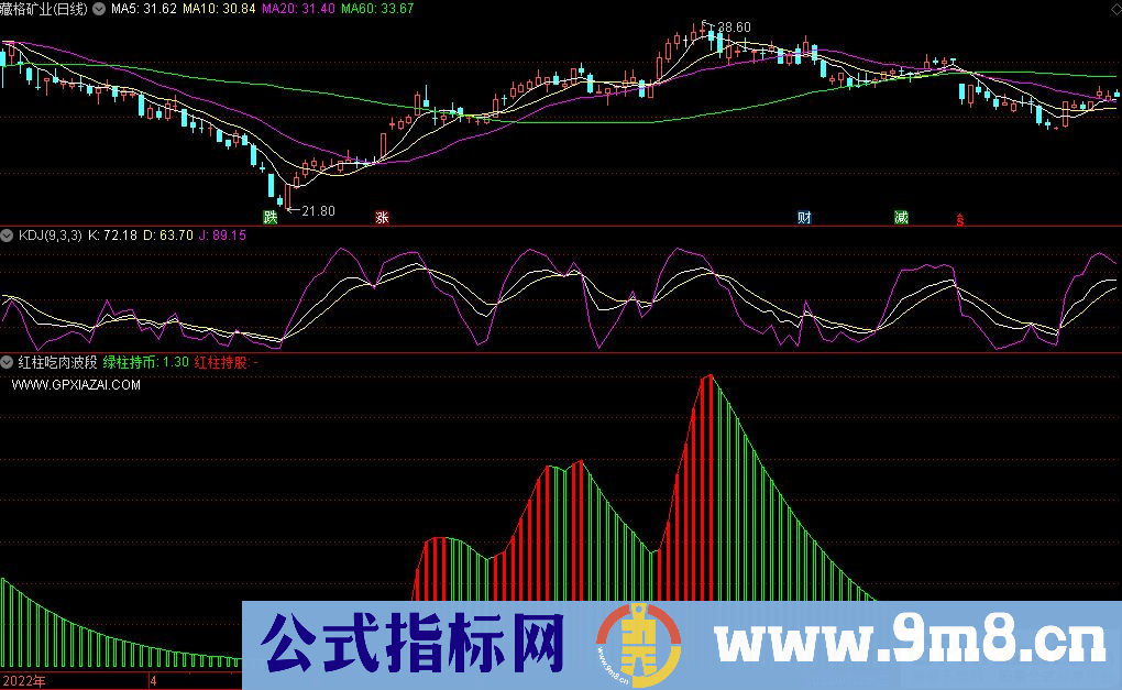 通达信红柱吃肉波段副图指标 源码 贴图