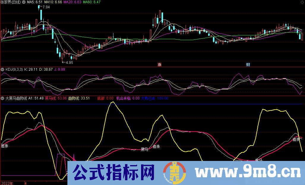 通达信大黑马趋势线副图指标 九毛八公式指标网