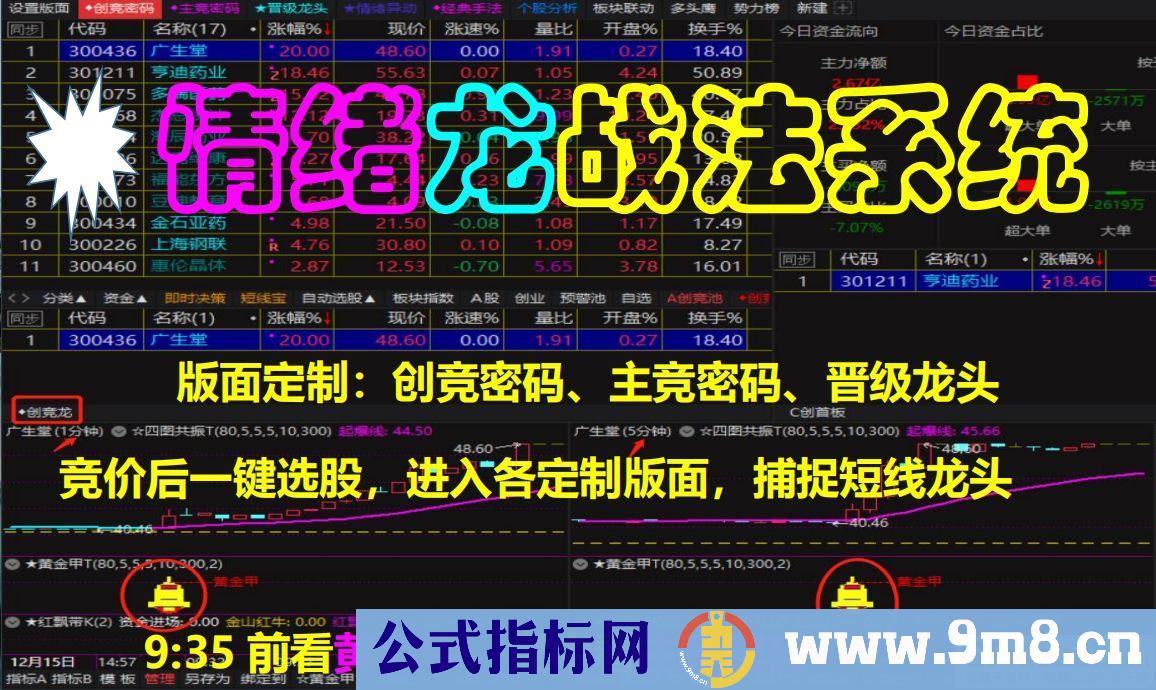 【情绪龙战法系统】竞价选股系统 黄金甲指标 分钟信号包括指标以及战法系统在内