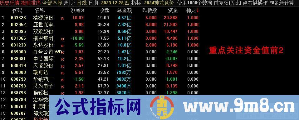 通达信【2024神龙竞价】竞价排序指标，信号全天不变！源码 贴图