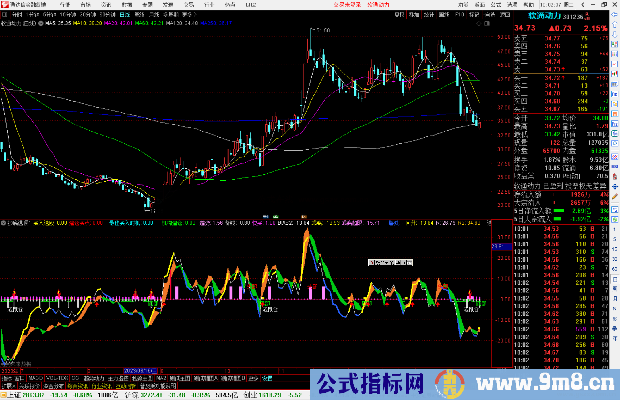 通达信抄底逃顶副图，指标内带顶底、买入红箭头源码