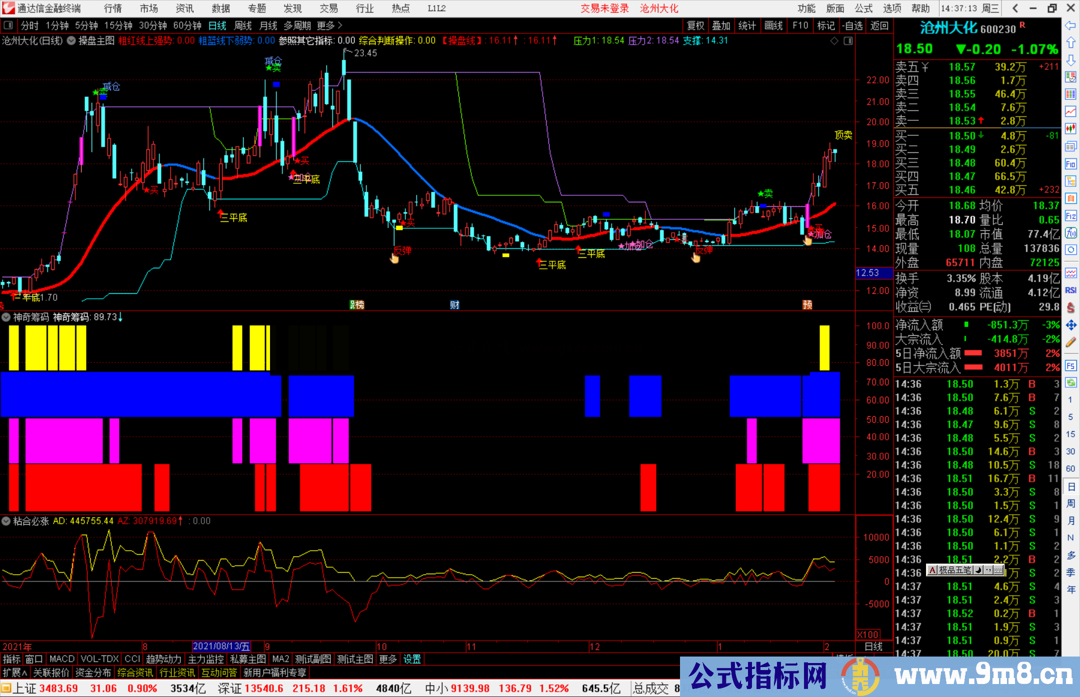 通达信神奇筹码副图指标四色同时出现表示极为强势牛股即将出现源码