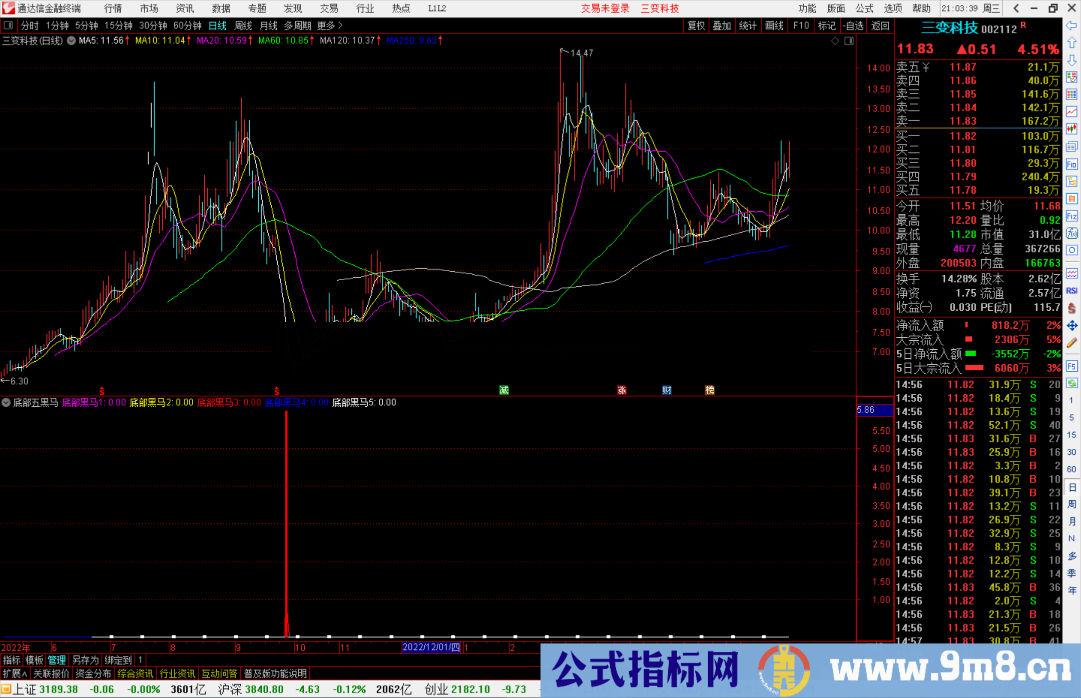 通达信底部五黑马指标公式源码副图