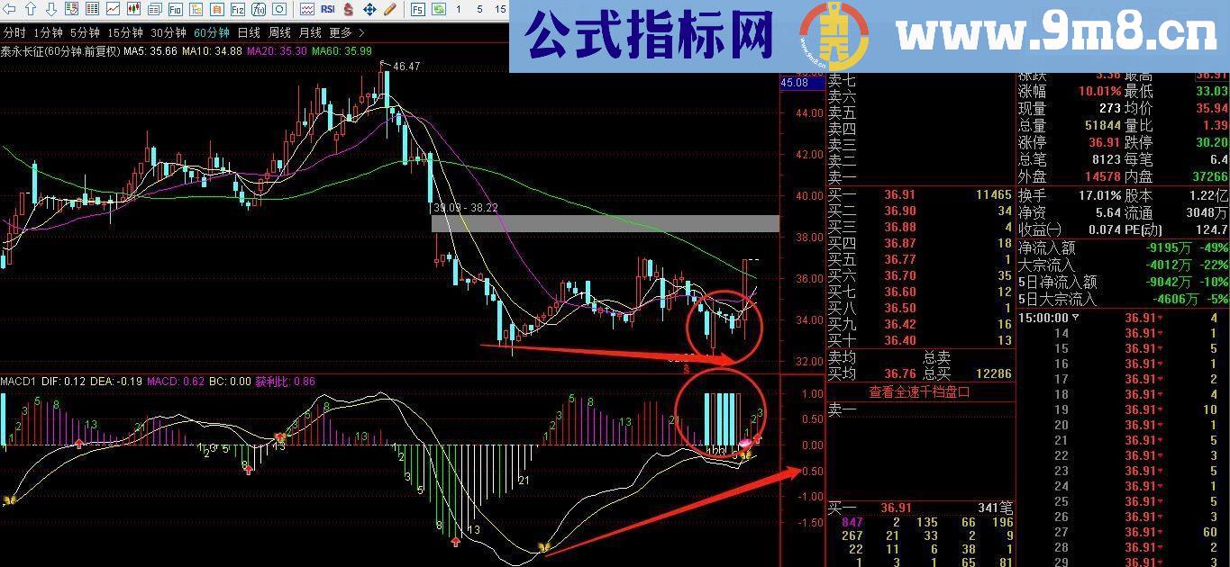 通达信MACD+神奇数字+挖坑=波段介入点 副图指标 