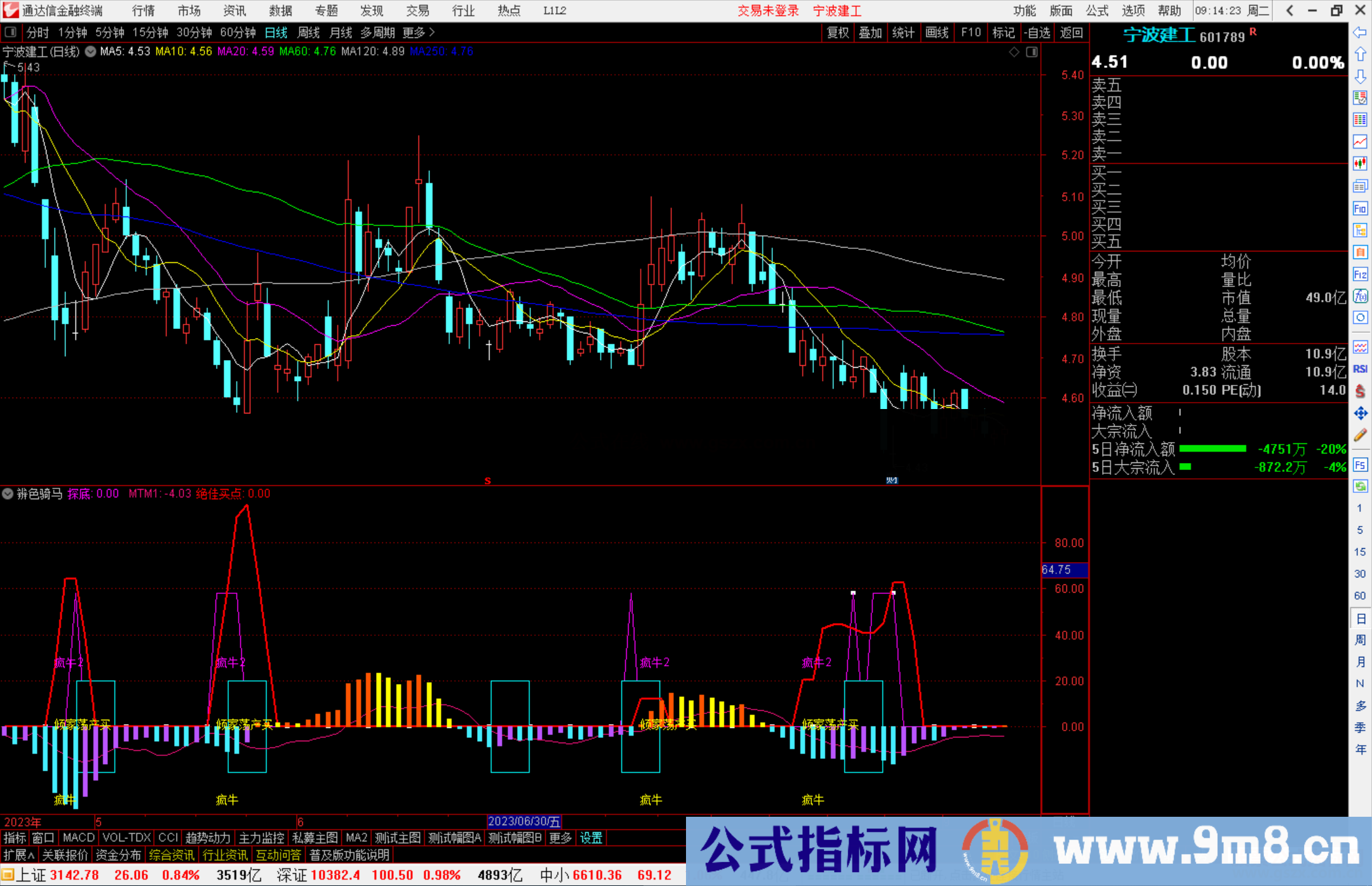 通达信辨色骑马，柱体颜色来抓强势股+疯牛选股公式副图源码